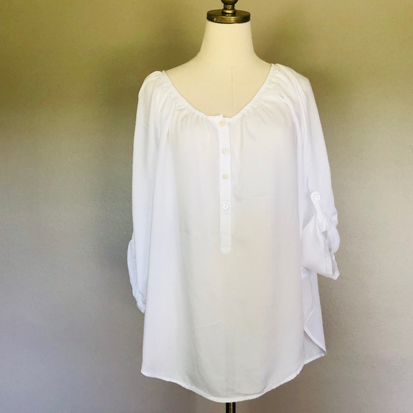 Medium White Pullover Scoop Neck Blouse INDIGO Button Up Sleeves - Picture 4 of 8